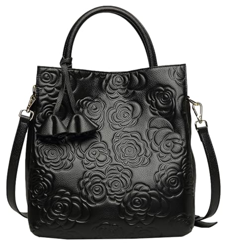 Womens Genuine Leather Handbags large Trendy Shoulder Tote Three-layer Crossbody Purses Flower Print Satchel