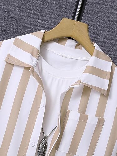 Image of OYOANGLE Boy's 2 Piece Outfits Tracksuit Short Sleeve Striped Button Down Blouse Shirt Top and Shorts with Pockets Khaki White 11-12Y