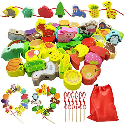 NINGESHOP Perles en Bois à Enfiler Jouet, Montessori Jouets Jeu 42 Pièces Animaux et Fruits, Jouets Puzzle Jeu Anniversaire Cadeau pour Garçons Filles 2 3 4 Ans