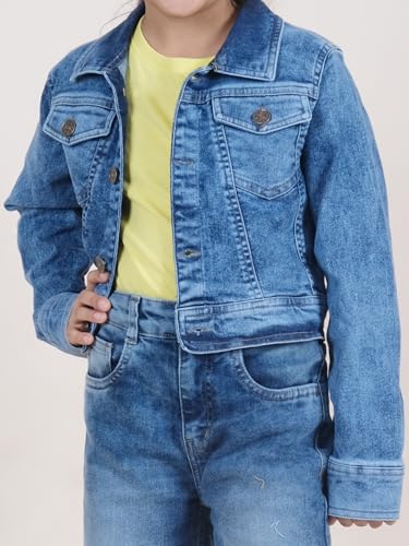 Image of Girls Full Sleeve Solid Crop Denim Jacket