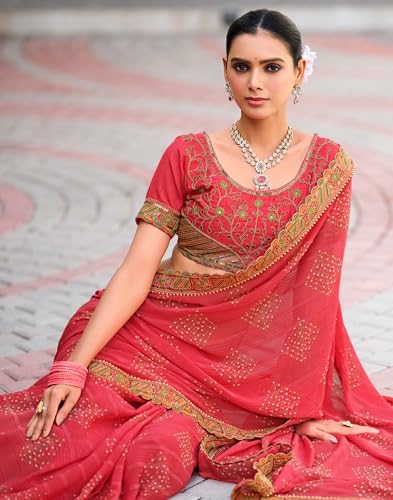 Image of SIRIL Women's Bandhani Printed Georgette Sequence Lace Scalloped Border Saree with Unstitched Blouse Piece