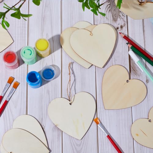 GORGECRAFT 10Pcs Heart Unfinished Wood Ornaments Wooden Hearts Crafts Rustic Blank Wood Craft Kit with Hemp Ropes and Predrilled Holes for Hanging Decoration Embellishments DIY Home Decor - Image 4