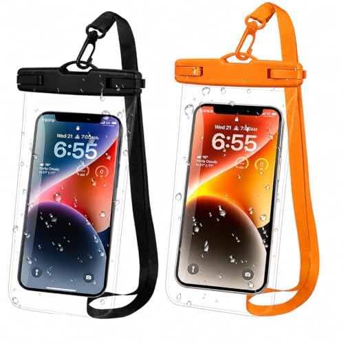 Image of Waterproof Phone Pouch, IPX8 Universal Waterproof Phone Case Dry Bag with Lanyard for iPhone 14 13 12 11 Pro Max XR X XS SE 8 Plus Samsung S23 S22 Ultra S21 S10 S9 up to 7 inch (Black and Orange)