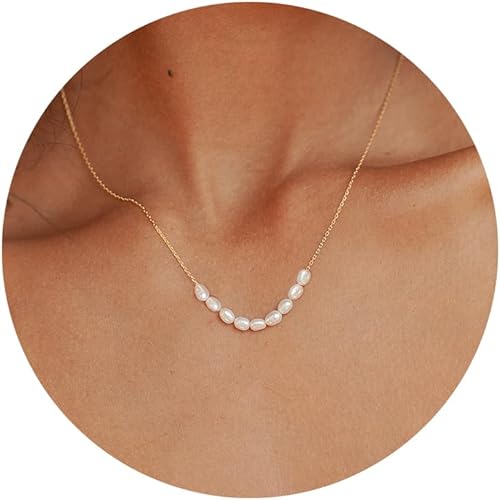 TOBENY Pearl Necklaces for Women 14k Gold Plated Handmade White Faux Pearl Choker Necklace Dainty Freshwater Small Tiny Beaded Pearl Strand Chain