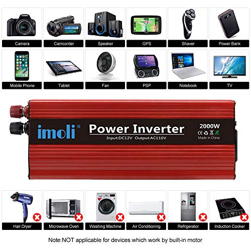 imoli 2000W Power Inverter, DC to AC 12V to 110V/120V, 4000W (Peak) Car Converter Automotive Modified Sine Wave Type with 2 Outlets and 2 USB Charging Ports