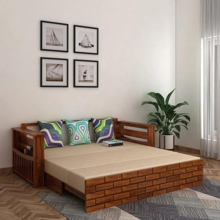 Image of Solid Sheesham Wood Sofa Cum Bed 3 Seater | Wooden Foldable Double Bed for Living Room with Headboard & Storage | Bed Cum Sofa with Mattress for Bedroom Furniture (Honey Finish)