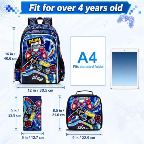 Image of CCJPX 3PCS Gamer Backpack for Boys, 16 Inch Kids Water Resistant Preschool Bookbags, Cool Kindergarten School Backpacks and Lunch Box