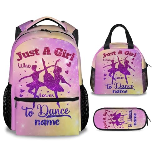 Custom Girls Backpack with Lunch Box Pencil Case, Dance Backpacks Matching Combo for Kids, Personalized Pink Bookbag and Lunch Bag Pencil Pouch Bundle, Back to School Gift