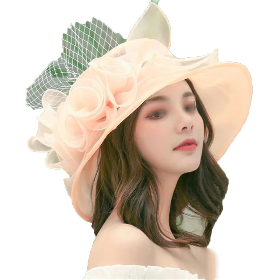 Yeuyyben Cappello da donna elegante con fiocco estivo in organza a tesa larga cappelli per protezione solare per donne chiesa matrimonio spiaggia cappello da sole pieghevole