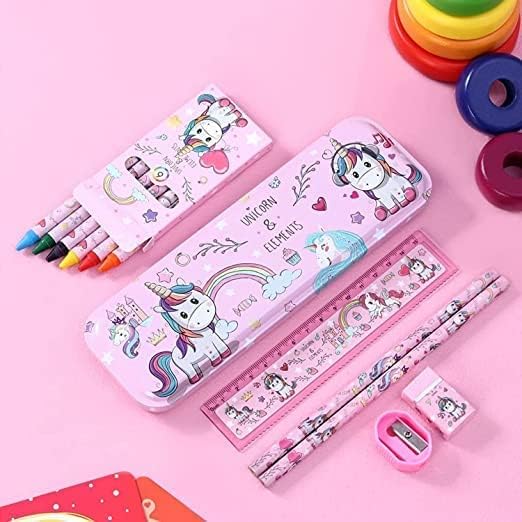 Image of Unicorn Stationary Kit with 1 Pencil Box Case 2 Pencils 6 Crayon Colors 2 Space Gel Pen 1 Ruler Scale Eraser Sharpener Kit for Kids (Character As Per Available)
