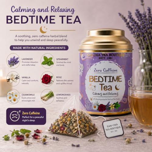Image of Sancha Tea Boutique Bedtime Tea | Caffeine-Free Herbal Tisane | 25 Pyramid Bags | Blend of Vanilla, Lavender, Chamomile & Rose | Supports Sleep