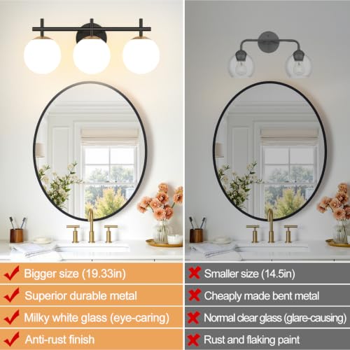 Image of 3-Light Bathroom Light Fixtures, Black and Gold Vanity Lights for Bathroom with Milky White Glass Shade, 19.3 inch Bathroom Lighting Fixtures Over Mirror, Compatible with E12 Bulbs (Bulb Not Included)