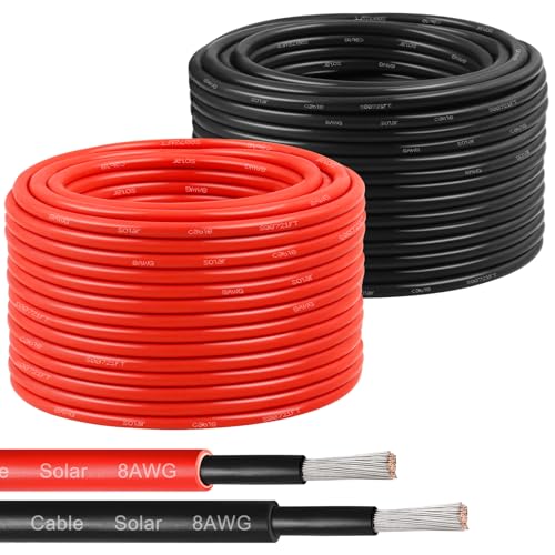 Solar Panel Wire 8 AWG(10mm) - Solar Extension Cable 100Ft Black & 100Ft Red 8 Gauge Tinned Copper PV Wire for Outdoor Automotive RV Solar Panel Boat Marine (Black+Red)