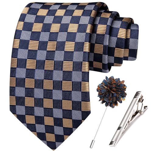 Image of Hi-Tie 63 inches Striped Paisley Extra Long Ties for Men Silk Necktie with Lapel Pin Tie Clip Big and Tall Men Formal Wedding