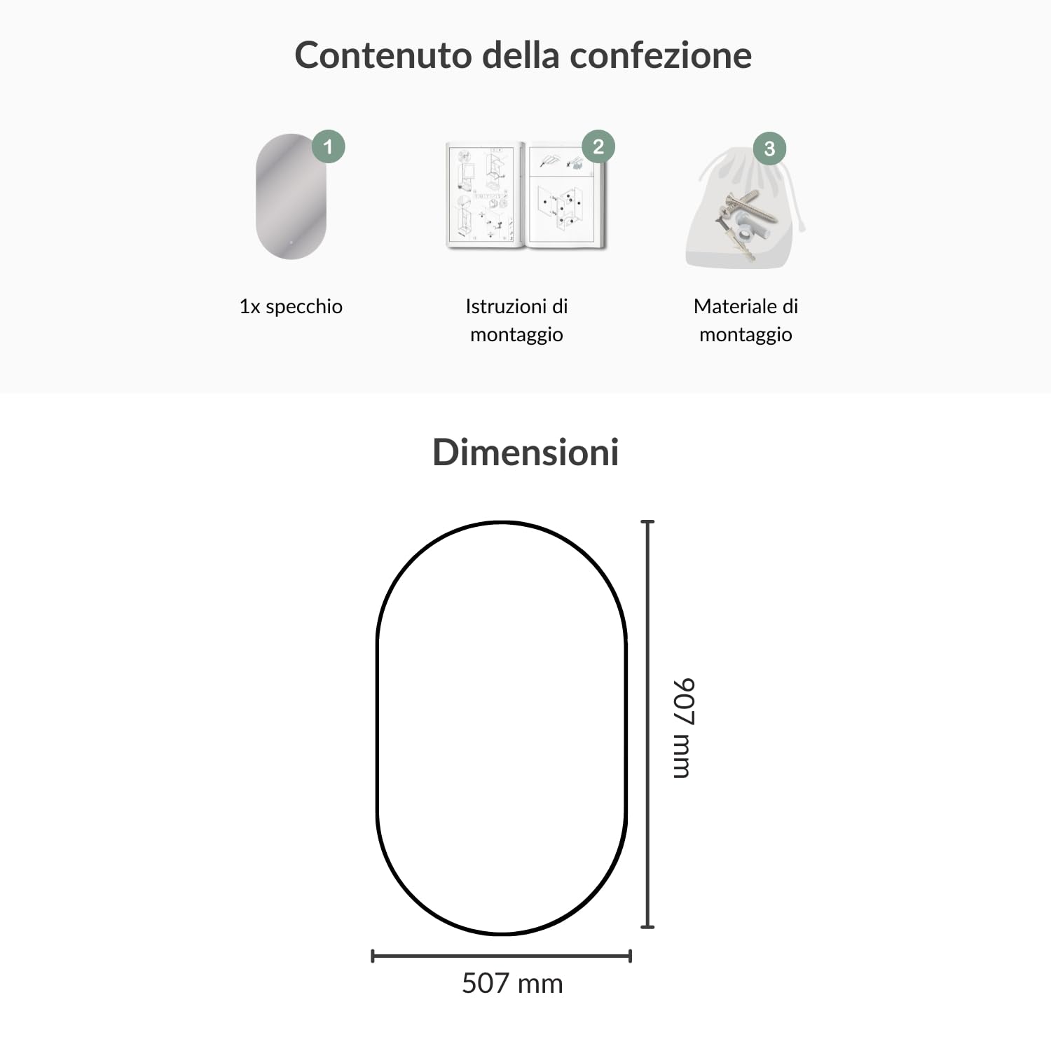 Planetmöbel Specchio con illuminazione 50 x 90 cm, specchio senza cornice, 2 livelli di luce (4000-4200k), con interruttore touch, moderno specchio da parete per bagno, corridoio o guardaroba, ovale