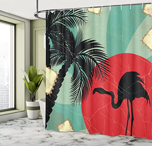 ABAKUHAUS Tropical Shower Curtain, Retro Style Grunge Hawaiian Composition with Flamingo Silhouette and Palm Trees - Image 4