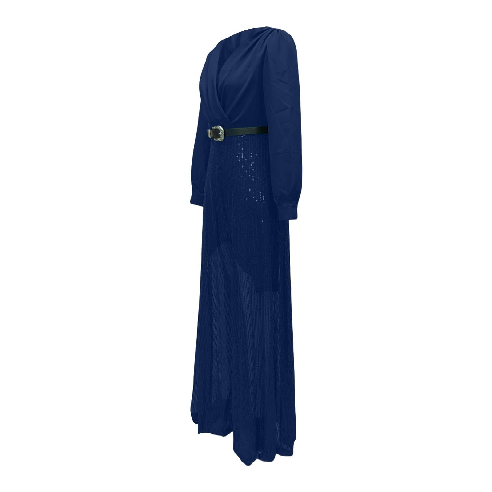 Vestido brillante para mujer, largo en V, vestido de cóctel, manga larga, vestido de fiesta, vestido de lentejuelas, con cinturón, corte ajustado, vestido de fiesta, elegante, vestido festivo, mono
