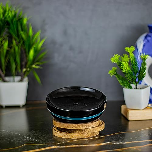 Image of Ceramic Bathroom Accessories Set for Utility and Bathroom Decor | Liquid Soap Dispenser, soap Tray, Toothbrus Holder Glossy Sky Blue and Black (GOA 8)