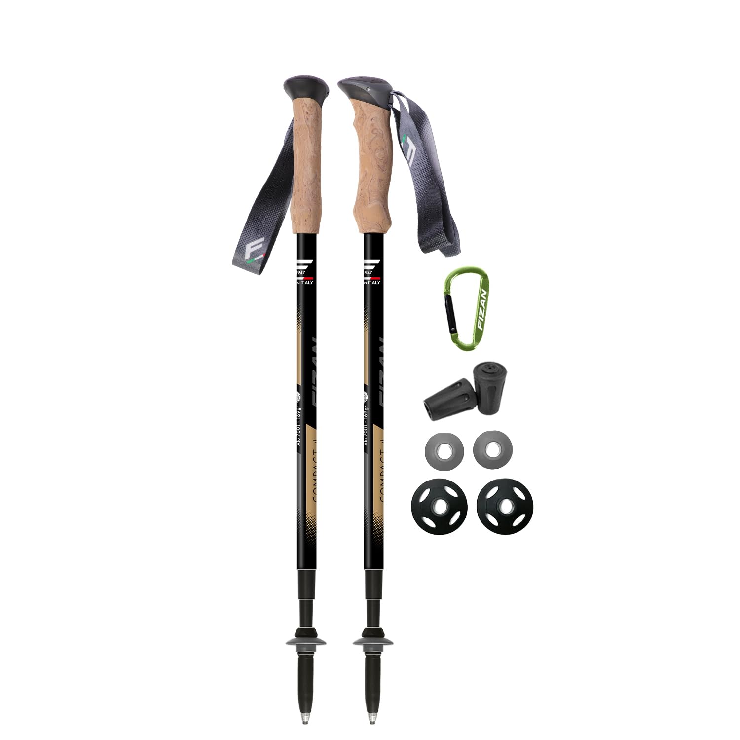Fizan Compact 4 Trekking Poles – Ultralight, Backpacking, Thru Hiking Poles, Adjustable, Collapsible, Customized Fit, Cork Grips, Aluminum Walking Sticks (Black/EVA Cork)