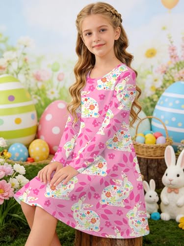 Image of Ithalt Girls Easter Dress Bunny Print Shirts Easter Long Sleeve Dresses Litter Girls Christian Easter Gifts 5-12y