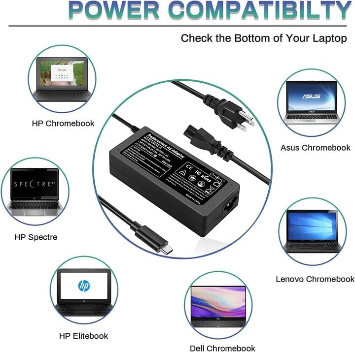 45W Fast USB C Laptop Charger Compatible with HP Chromebook Spectre Lenovo Yoga Thinkpad Acer Dell Latitude Asus Samsung Google Pixel Huawei Matebook image 4 of 6 B09JVXHFZF