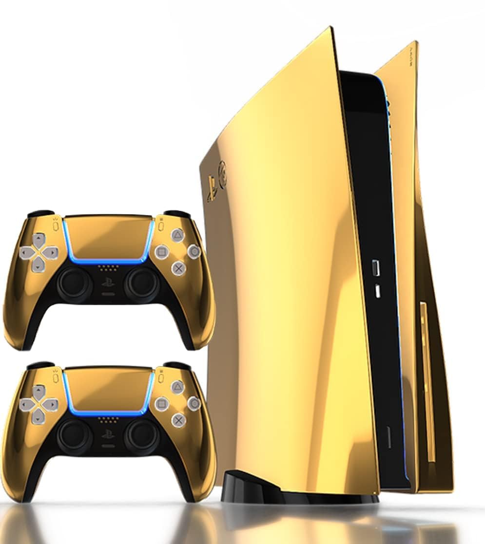 Golden Foil Metalic UV 3M Vinyl Sticker Decals for PlayStation 5 Disk Version Console and Two Dual Sense 5 Sticker Skins Black PS5 Skin Console and Controller Design (Pack of 1)