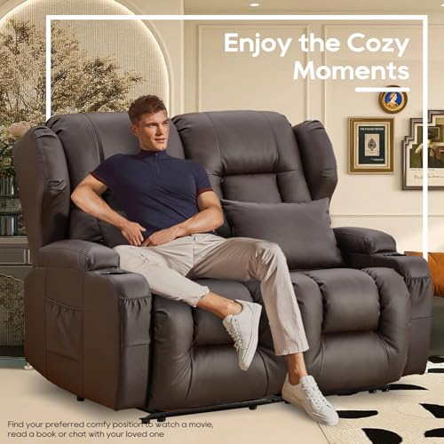 Image of IPKIG 54.2 inch RV Loveseat Recliner Sofa, Faux Leather Wall Hugger Reclining Chair with Cup Holder and Side Pockets, Home Theater Seating Manual Recliner for Living Room (Brown, Loveseat)