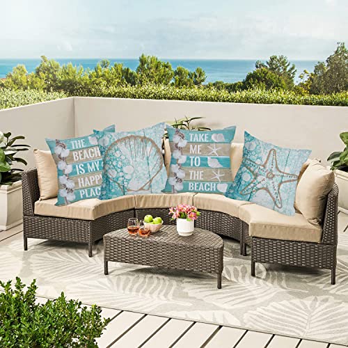 Easternproject Outdoor Waterproof Summer Beach Throw Pillow Covers Set of 4 18x18 Inch Ocean Sea Shell Starfish Marine Blue Pillow Cases Double Sided Cushion Cover for Patio Bench Balcony Chairs