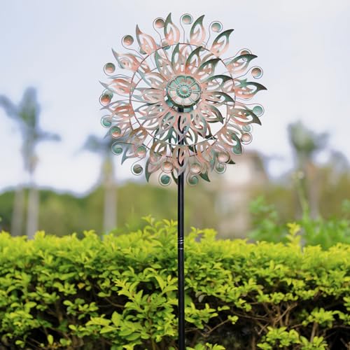 DREAMYSOUL Metal Wind Spinner, 16.5" Dia *64" Tall Large Wind Spinners Outdoor, 5 Pronged Kinetic Wind Sculptures & Spinners for Garden and Yard (Bronze) - image 2