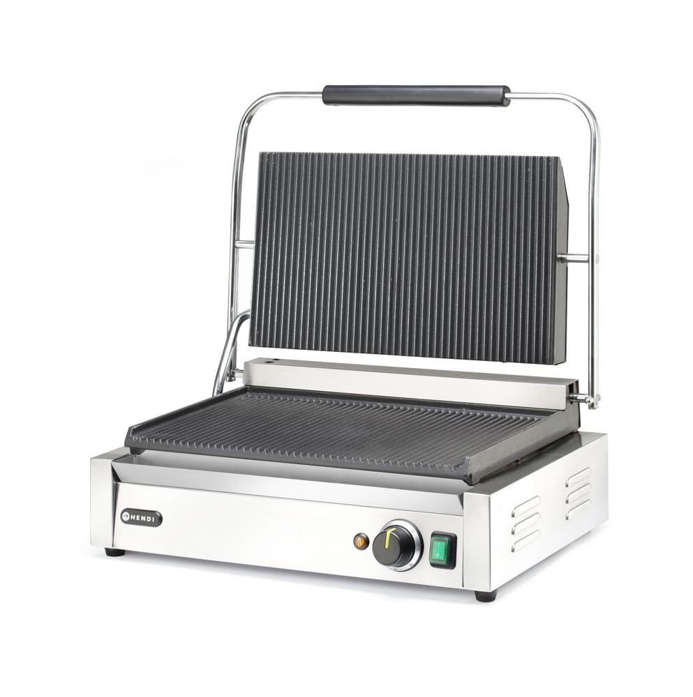 HENDI Parrilla Eléctrica de Contacto XL, Grill/Plancha Panini y Sandwichera Profesional, Placas Acanaladas de Hierro Fundido Esmaltado, 230V, 2700W, 540x424x(H)216mm, Acero Inoxidable