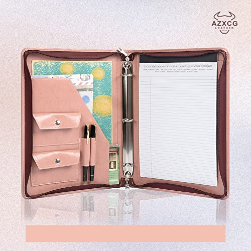 Azxcg 3 Ring Binder Padfolio, Vegan Leather Zippered Portfolio With A4/Letter Size Notepad Holder, Business Resume Work Organizer Folio, Leather Document Folder, Gift For Women, Pink #TOP7