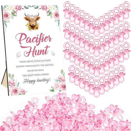 Image of Thyle 51 Pcs Highland Cow Pacifier Hunt Baby Shower Games for Girls Include Hunt Sign and 50 Acrylic Pacifiers Boho Pink Floral Baby Shower Game Decoration Gift Sets for Gender Reveal Party Decor