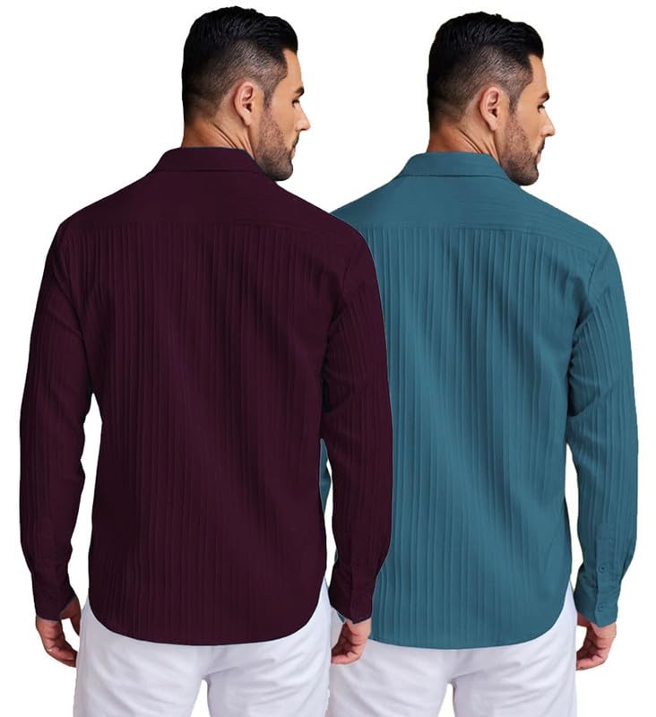 Image of DEELMO Combo of Men's Casual Button Down Shirts Long Sleeve Linen Shirt Fashion Textured Summer Shirts Pack of 2