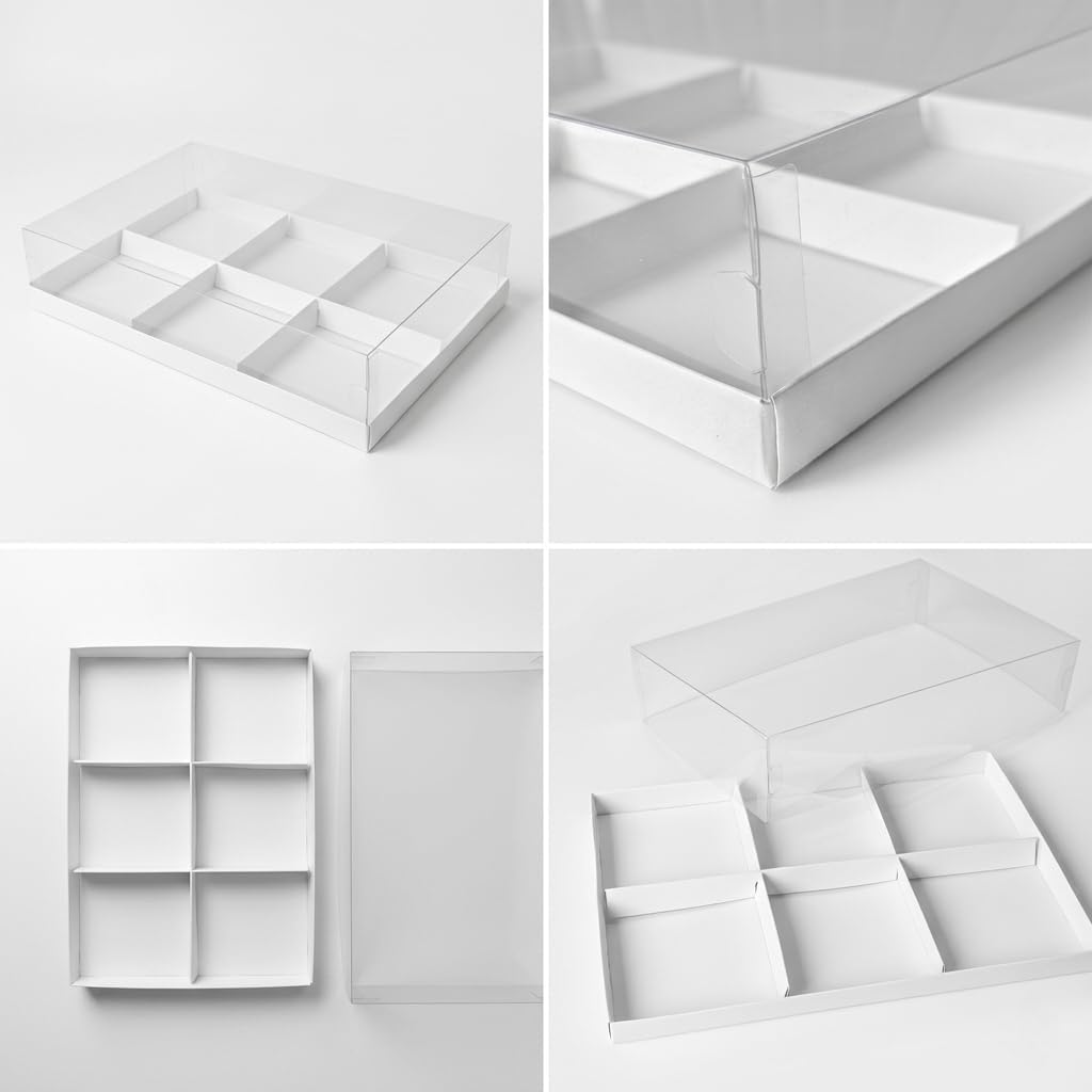 Pastry Boxes 6-Pack 11x7x2.5 inch, with Clear Transparent Lid and Dividers, 6 Cavity, White Glossy Packaging Bakery Supplies for Mousse Cake, Tarts, Macarons, Cookies, Gift Box