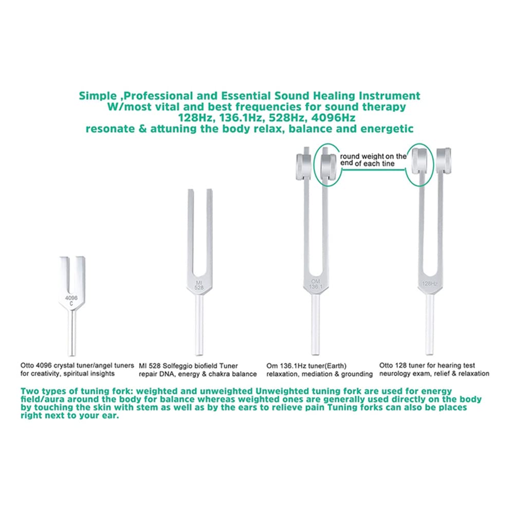 Diapason,Diapason 528 Hz,Juego de 4 diapasones (128 Hz, 136,1 Hz, MI 528 Hz, 4096 Hz) ideal para terapia, para terapia de chakras, terapia de sonido, mantener el cuerpo y la mente relajados
