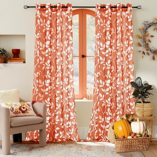 MRTREES Rideaux Voilage Fenetre Orange Rouge Salon Moderne Lot de 2 Panneaux de Rideaux Intérieurs, 140x225 CM, Rideau en Voile Transparent Motif Imprimé Feuilles à...