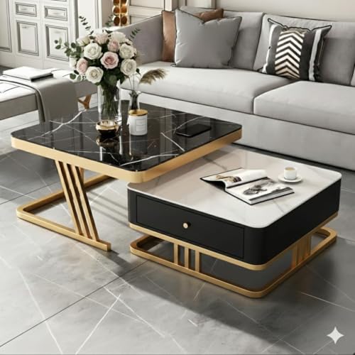 Image of Iron Frame Handmade Drawer Square 20 inchx20 inch Coffee Table Set 2 piece, Nesting Table with Marble Look Center Table Storage Drawer for Living Room /Drawing Room /Balcony (Golden Black White.)