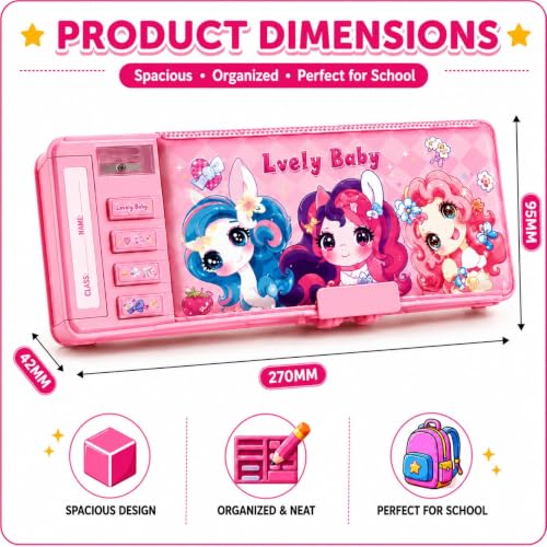 Image of Multifunction Pencil Box for Kids, Cute Pink Cartoon Unicorn Pencil Case with Sharpener, Pop-Up Compartments, Pencil Slots, Class Schedule & Name Label, School Stationery Organizer for Girls