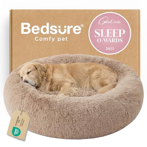 Bedsure Calming Dog Bed for Extra Large Dogs - Donut Washable Large Pet Bed, 45 inches Anti-Slip Round Fluffy Plush Faux Fur Dog Bed, Fits up to 120 lbs Pets, Camel