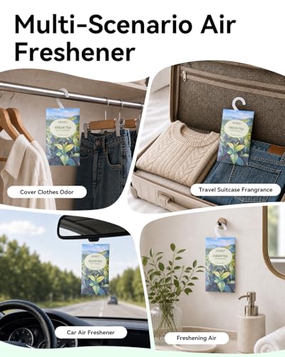 Image of MYARO 12Pcs Green Tea Sachets Hanging Car Air Freshener, Closet Deodorizer | Long-Lasting Sachet Bags, Odor Eliminator for Closet, Drawer, Bathroom, Clothes, Fabric Refresher, Home Fragrance Gift Set