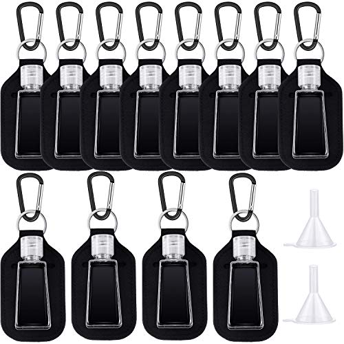 12 Sets Keychain Holder Kit, Include 12 Pieces Keychain Bottle Holders, 12 Pieces 30 ml Refillable Empty Travel Bottles and 12 Pieces Keychains Clips with 2 Pieces Funnels for Shampoo Shower Gel Soap