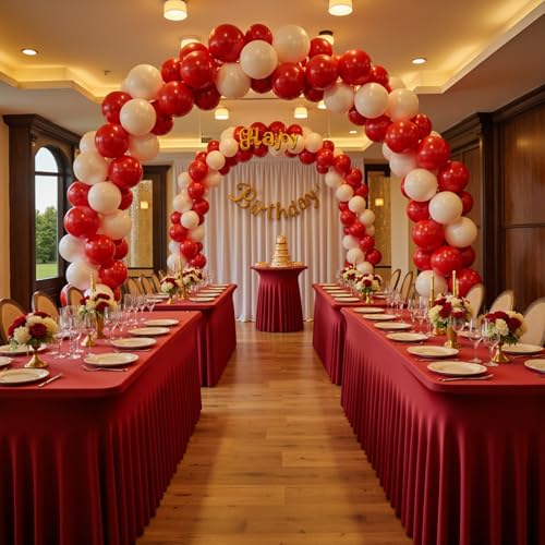 Image of Spandex Burgundy Table Clothes for 8 Foot Rectangle Tables, Wrinkle Free Fitted Tablecloth Cover 8ft Maroon Stretchy Tablecloths Desk Skirt for Parties Weddings Birthday Banquet Baby Shower