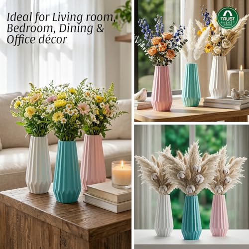 Image of TrustBasket Serene Flower Vase Set of 3 Sky Blue Pink White Decorative Plastic Table Accent for Living Room, Bedroom & Dining Table, Modern Home Decor Display for Fresh or Artificial Flower
