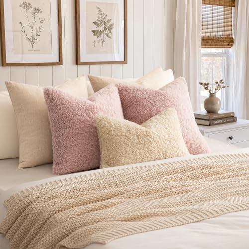 Image of Foindtower Set of 2 18x18 Inch Dusty Rose, Faux Fur Throw Pillow Cover Accent Sherpa Furry Pillow Covers Fuzzy Soft Pillowcases Cozy Sheepskin Decorative Fleece Cushion Case for Bed Couch Living Room