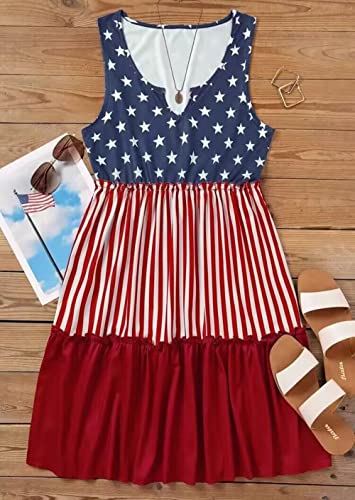 AIMITAG American Flag Star Vertical Striped Ruffled Mini Dress Womens 4th of July Patriotic Dresses Casual Color Block Dress4