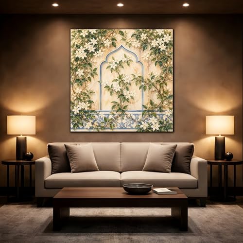 Décoration Murale Salon Fleurs Blanches Toile Carrée 75cm