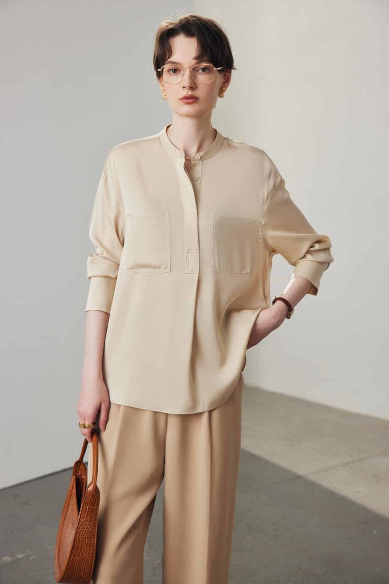 Camisa de Oficina Holgada de Seda con Cuello Alto para Mujer