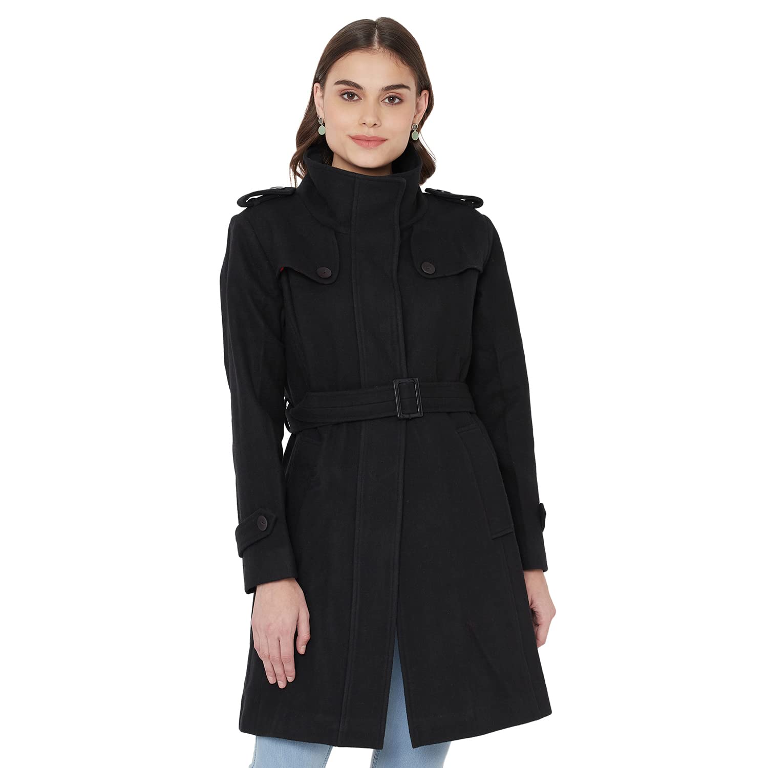 Womn's Black High Collar Coat-image-17