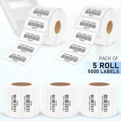 Image of 50x25mm Thermal Sticker Labels Roll (2x1 Inch) - Direct Thermal Barcode & MRP Label Stickers, 1000 Labels Per Roll, Pack of 5