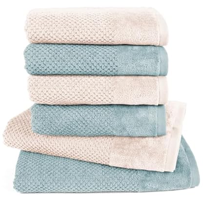 Pure Label 6-TLG. Handtücher Set mit Aufhängeschlaufen aus Baumwolle, saugstark, weich und Oeko-TEX Zertifiziert - 2X Badetuch (70x140 cm) 4X Handtuch (50x100cm), Creme | Türkis
